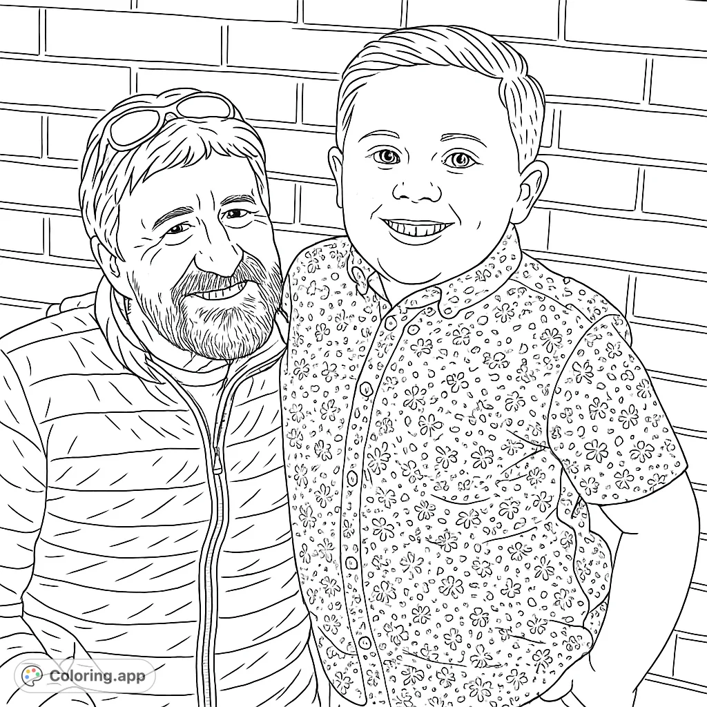 A heartwarming father and son portrait coloring page, perfect for family fun. Features a smiling man and boy against a brick wall, ready for your creative touch.