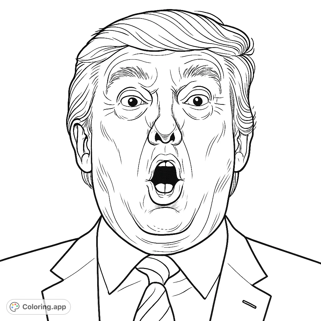 Capture the dynamic expression of a prominent figure in this detailed portrait. A free printable political figure coloring page for adults.