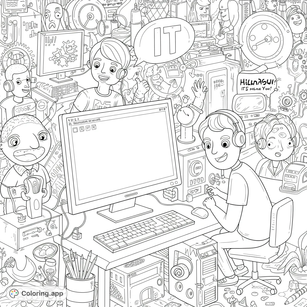 Dive into a chaotic IT world! A young techie at a computer, surrounded by humorous characters and intricate gadgets.