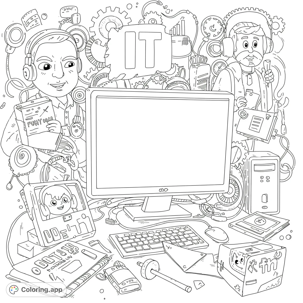 Explore a detailed IT-themed coloring page featuring tech professionals, computers, and a desk full of gadgets. Perfect for tech enthusiasts!