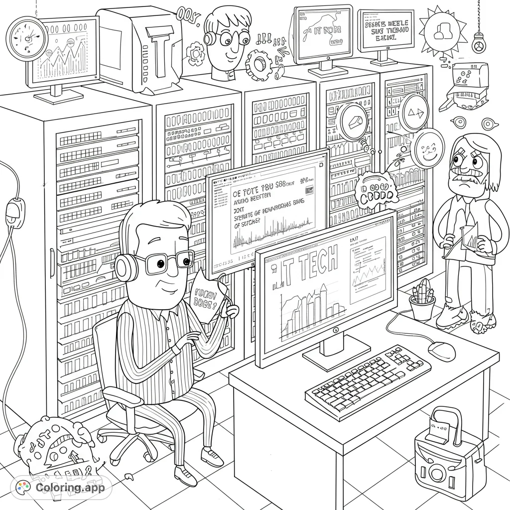 Dive into an IT tech office coloring page featuring a busy server room, two distinct characters, and humorous tech details. Free printable for all ages!