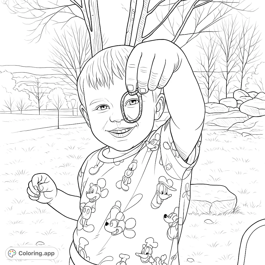 A delightful free printable coloring page featuring a curious child exploring with a magnifying glass outdoors, perfect for kids and adults.