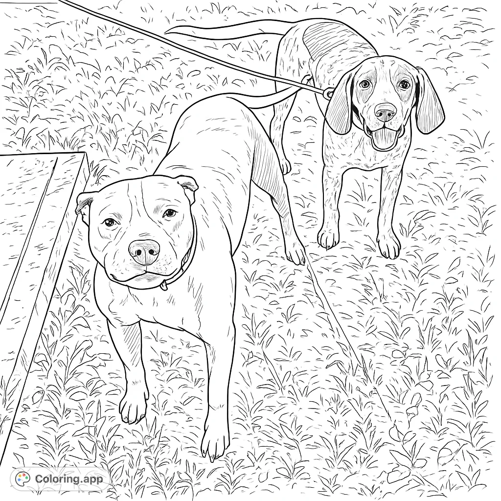 A charming black and white line drawing of two friendly dogs, a pit bull and a hound, standing in a grassy park, ready for vibrant colors.
