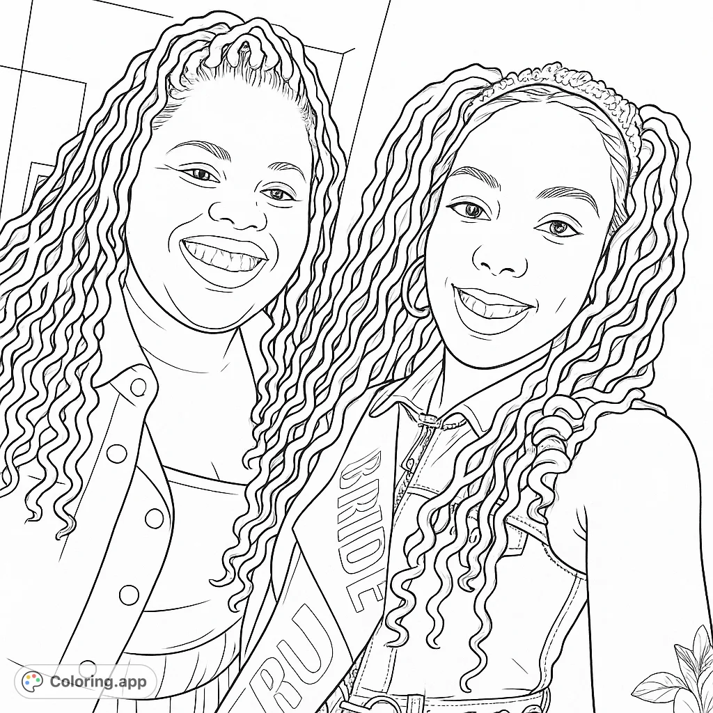 Celebrate friendship with this joyful bridal celebration coloring page featuring two smiling women with beautiful curly hair, perfect for any special occasion.