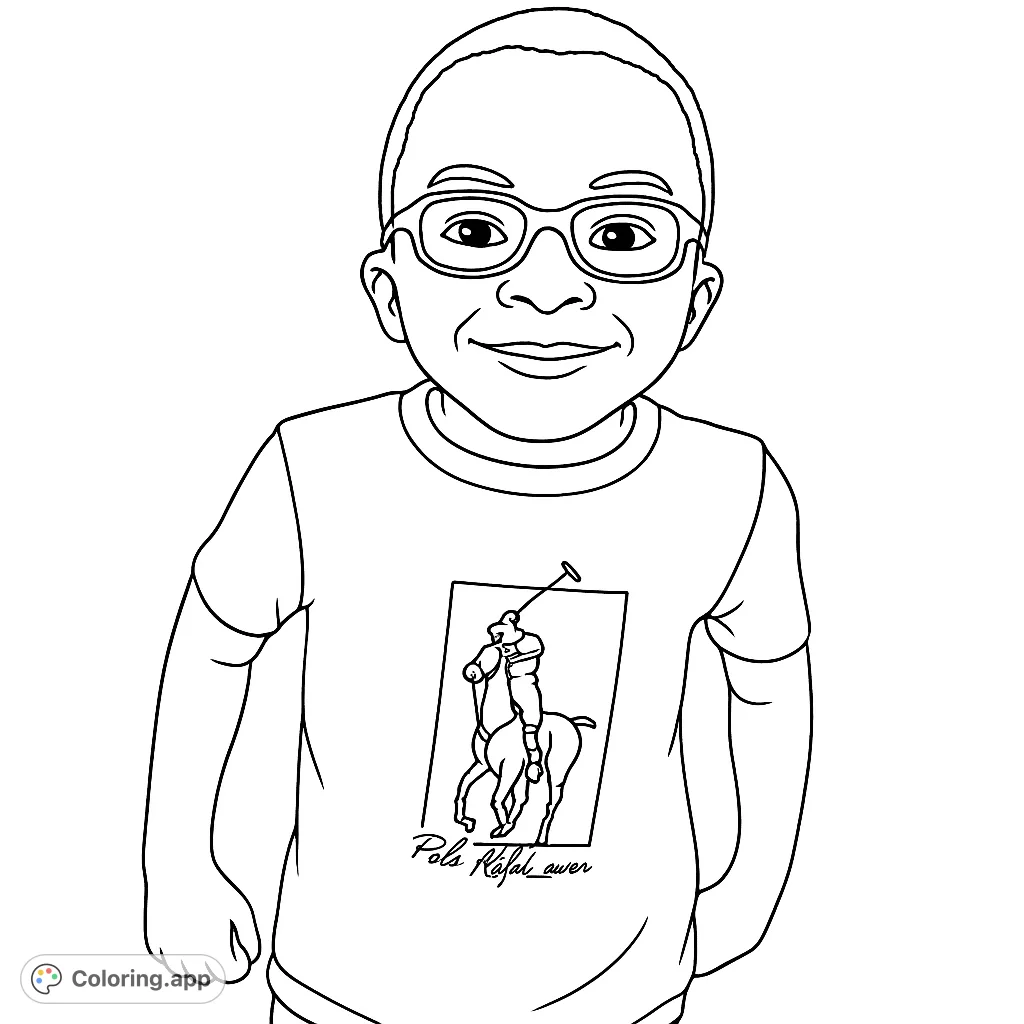A charming boy portrait coloring page featuring a smiling child with glasses and a polo player shirt. Free printable coloring page for kids and adults.