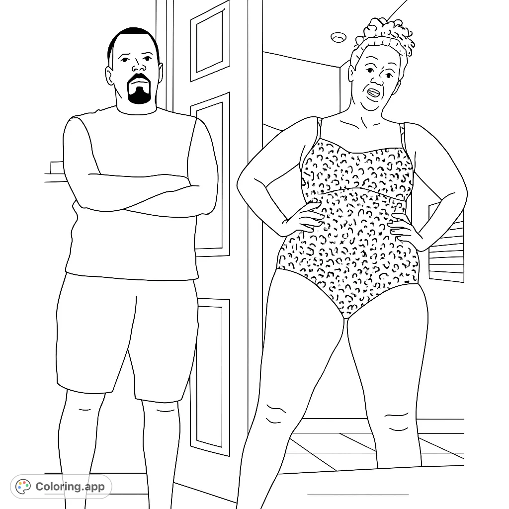 A man and woman in a playful summer scene, featuring a detailed leopard print swimsuit. Perfect for a fun, free printable coloring page.