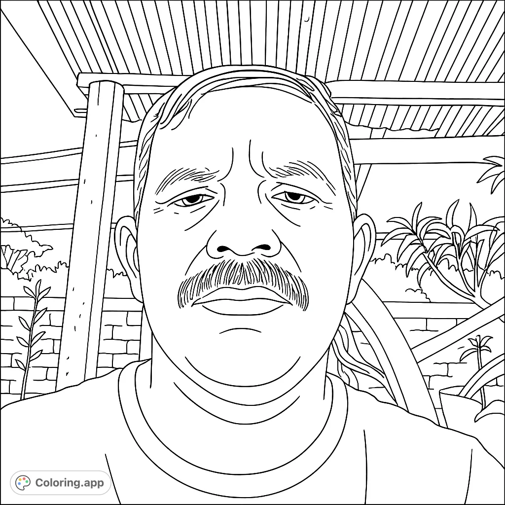 A detailed portrait coloring page featuring a man with a distinguished mustache set against an outdoor backdrop with architectural and natural elements.