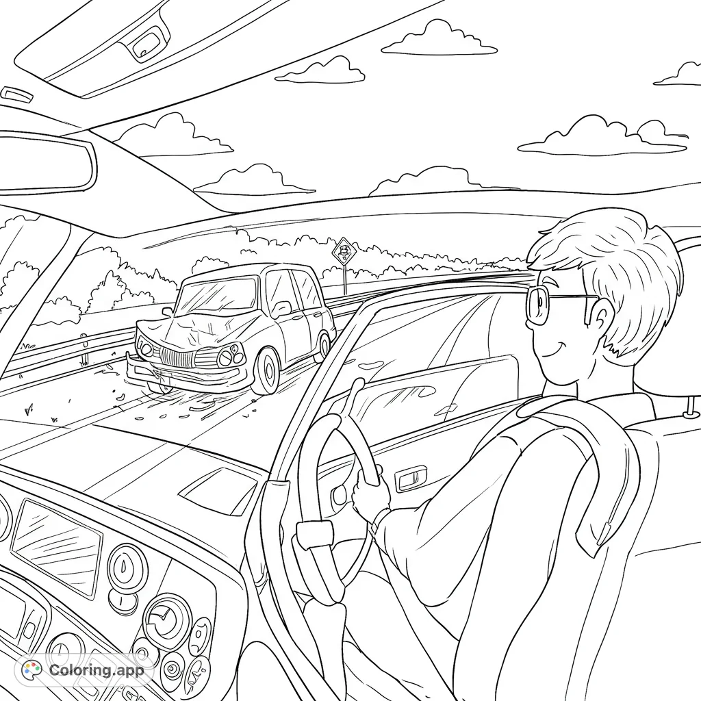 A detailed roadside car incident coloring page, featuring a driver's view of a damaged car on the highway. Perfect for road safety themes and vehicle enthusiasts.