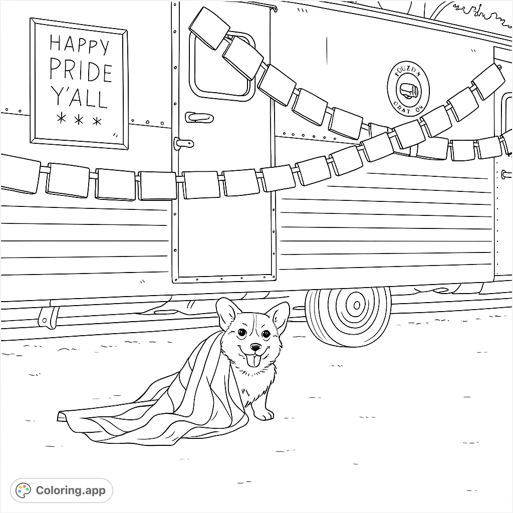 A delightful Corgi wrapped in a cozy blanket in front of a decorated camper. Perfect for dog lovers and travel enthusiasts.