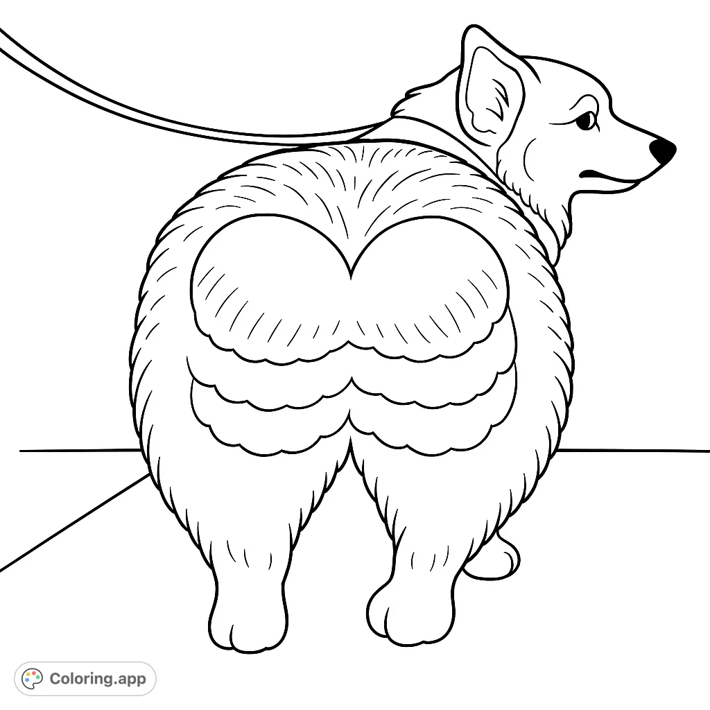 A charming Corgi coloring page featuring a fluffy dog looking back over its shoulder, perfect for dog lovers and a free printable coloring page.