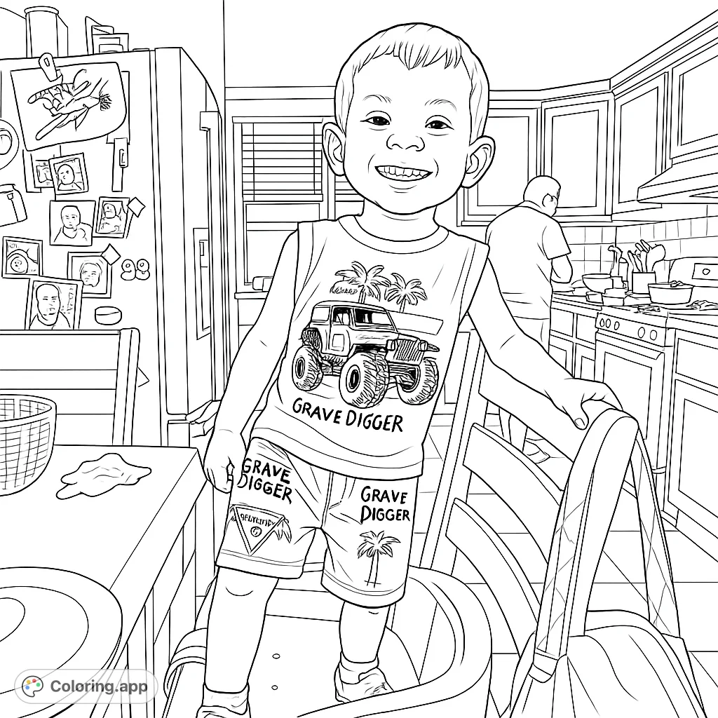 A cheerful young boy in a monster truck shirt stands in a bustling kitchen, ready for a fun coloring adventure. Free printable coloring page.