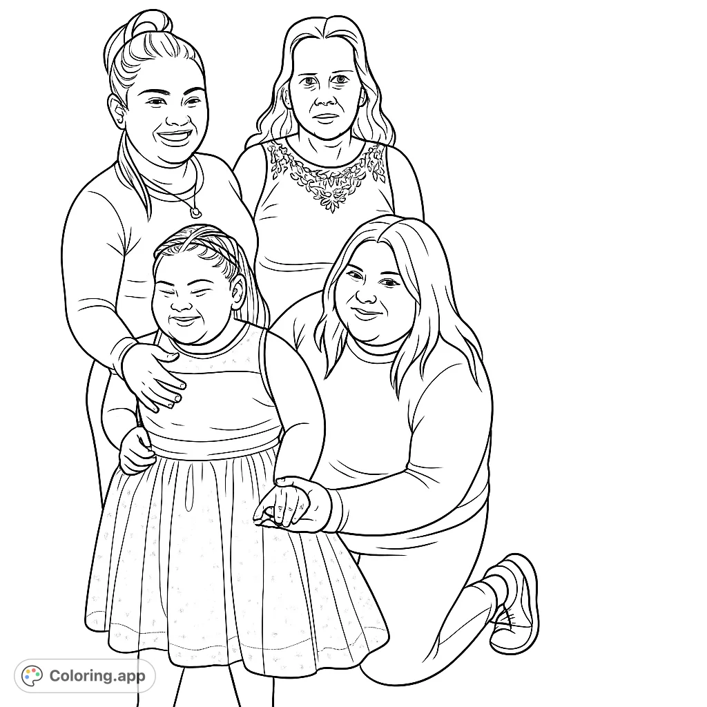 A heartwarming family portrait featuring four smiling females, perfect for a free printable family coloring page. Celebrate love and connection.