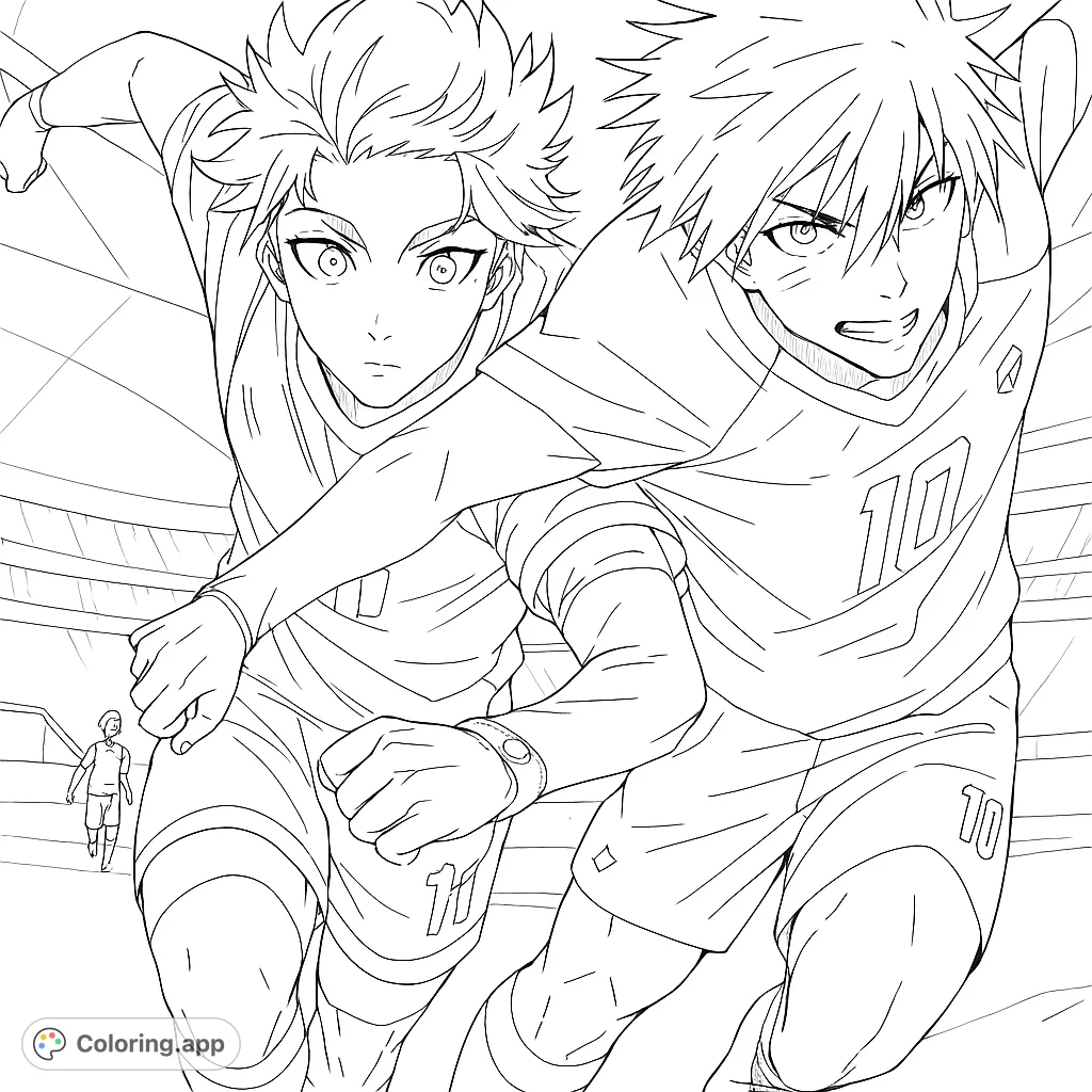 Dynamic anime soccer players sprint across the field in an action-packed stadium scene. A free printable sports coloring page for all ages.
