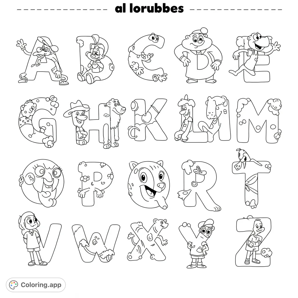 A delightful alphabet coloring page featuring each letter from A to Z uniquely integrated with a fun cartoon character. Perfect for learning and creativity.