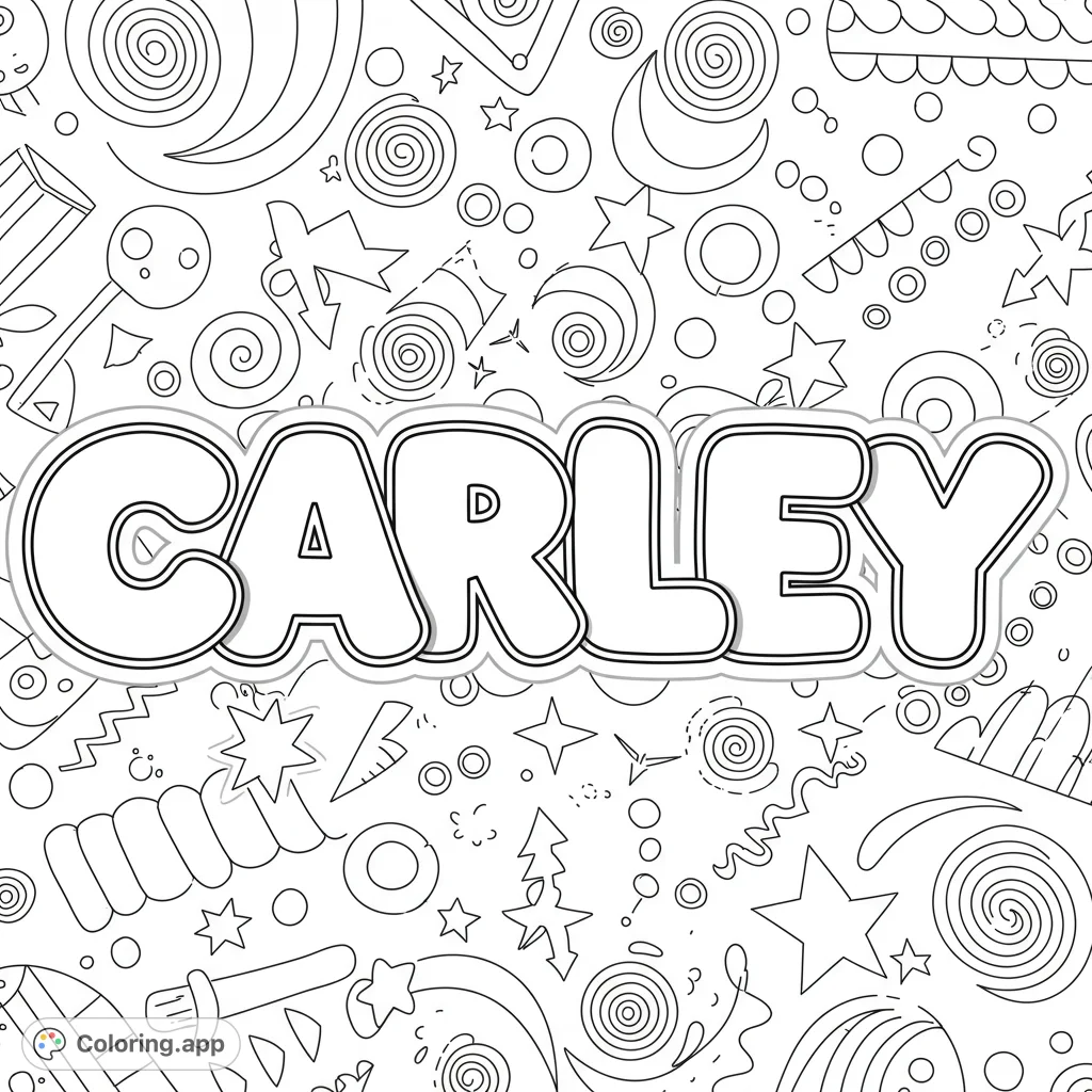 A fun Carley name coloring page with playful doodles. Free printable coloring page for kids and adults, perfect for personalized gifts and creative fun.