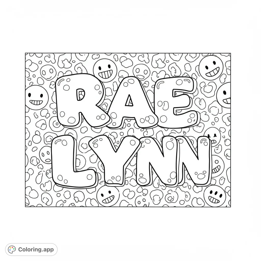 A fun bubble letter name design with playful background patterns and smiling emojis, perfect for personalized coloring and creative expression.