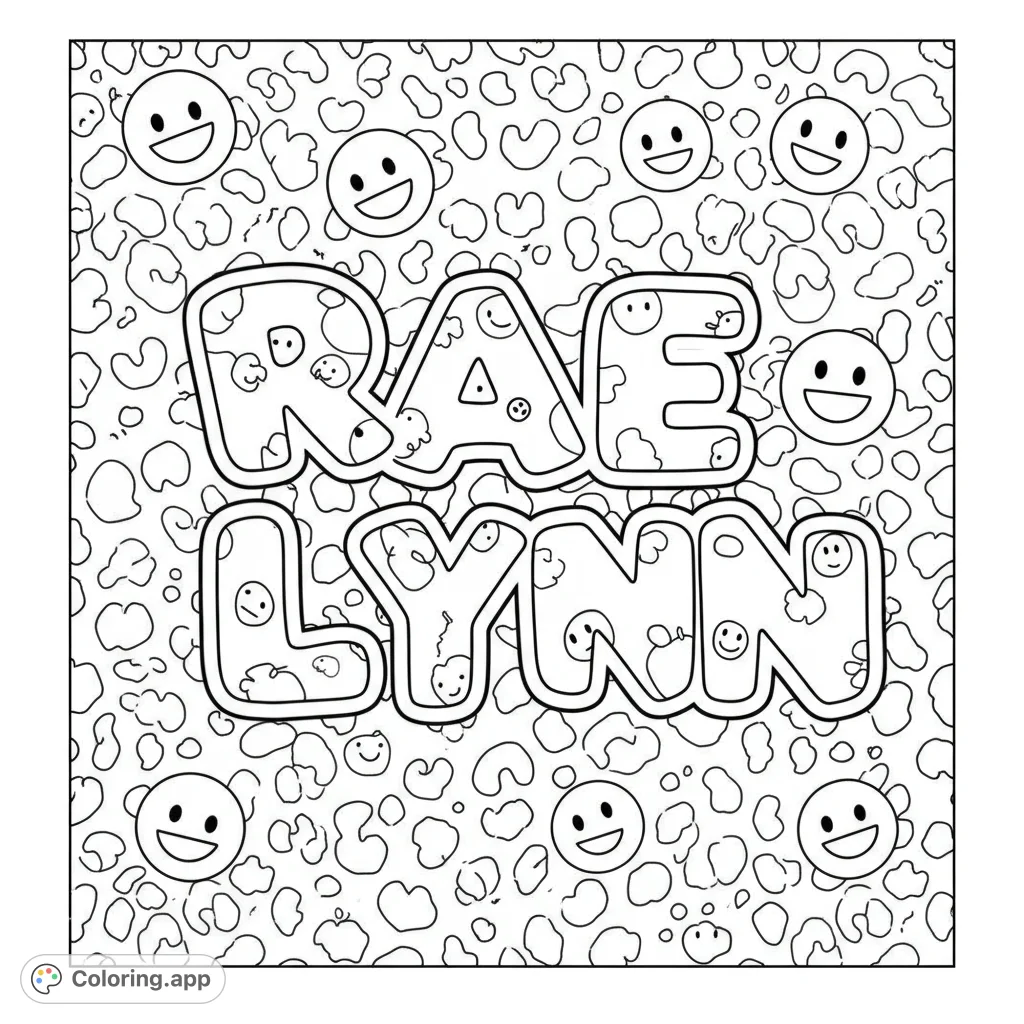 A fun Rae Lynn personalized name coloring page featuring bubble letters filled with tiny smileys and a playful leopard print background with happy faces. Free printable coloring page for kids.