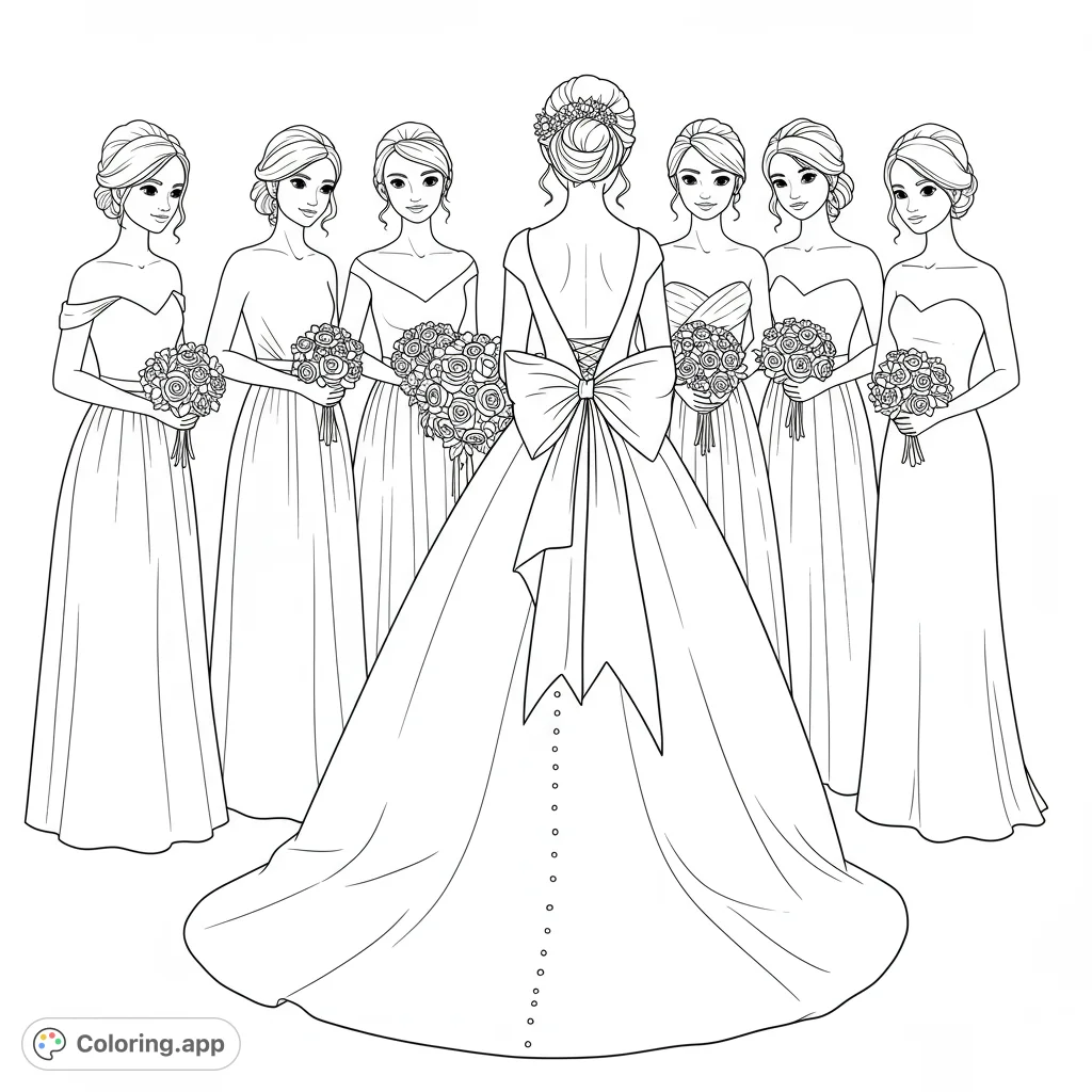 An elegant wedding party coloring page featuring a bride and five bridesmaids with detailed dresses and bouquets. Perfect for bridal themes.