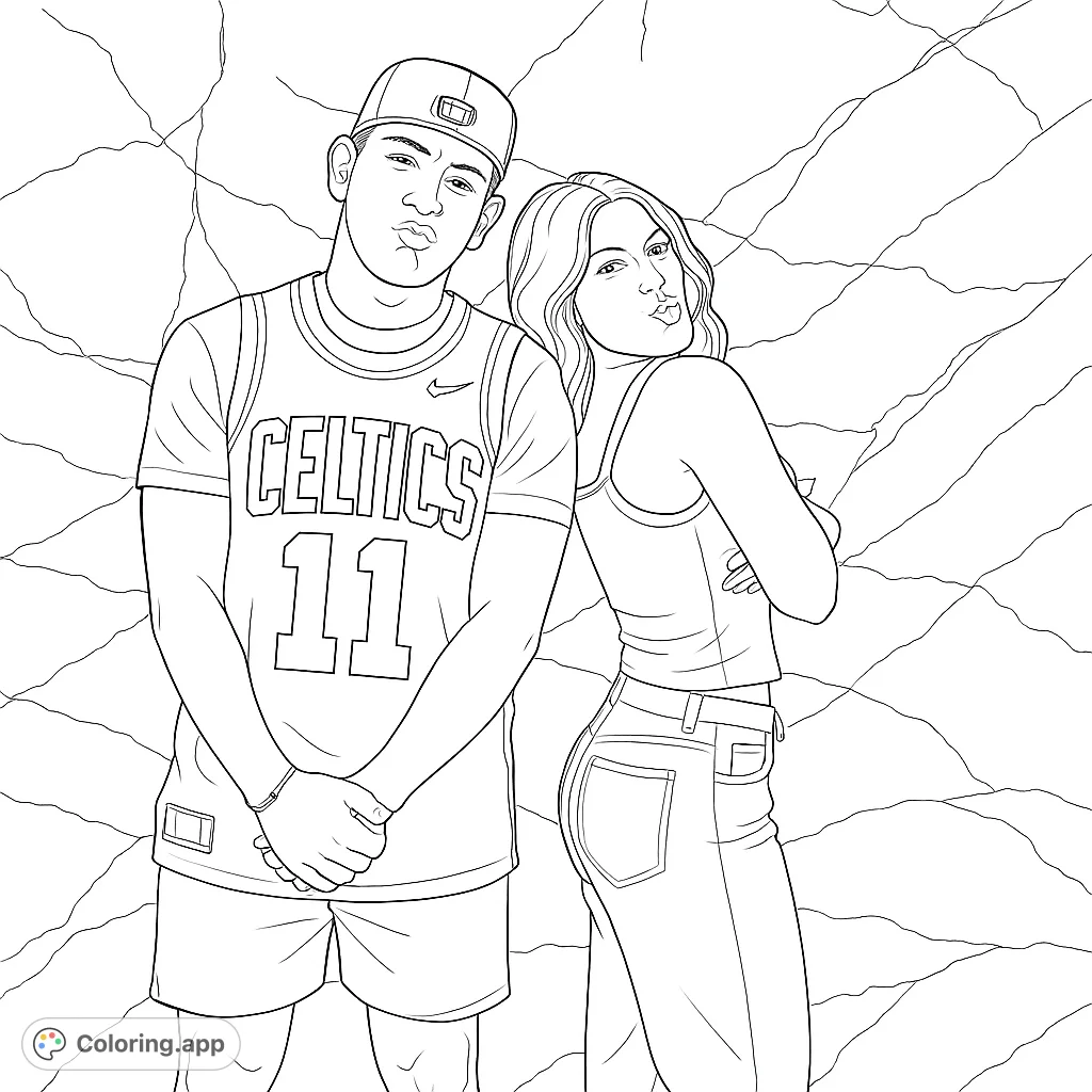A cool duo striking a pose, featuring a guy in a basketball jersey and a girl in jeans. Perfect for urban fashion and portrait coloring.