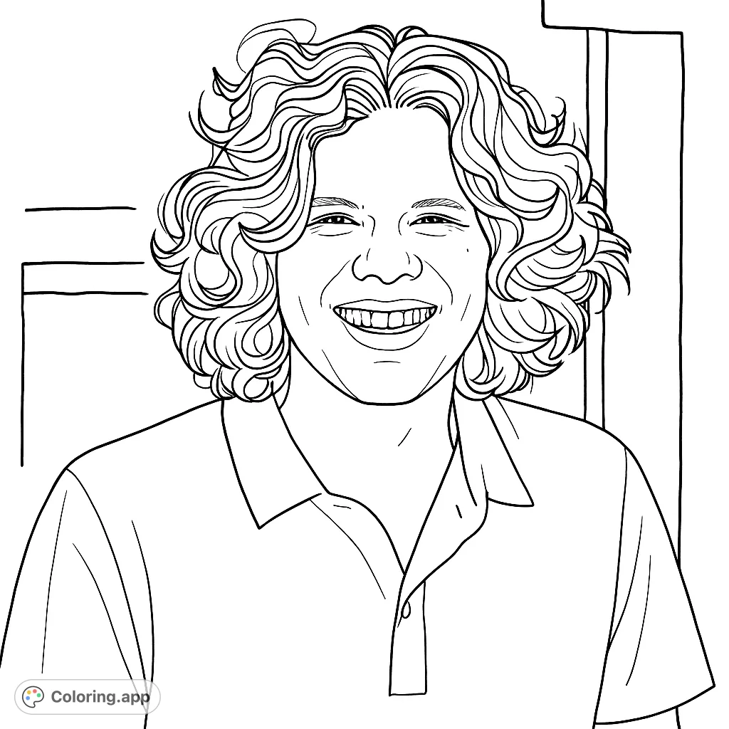 A delightful portrait coloring page featuring a smiling person with voluminous curly hair and a collared shirt, perfect for personalized creativity.