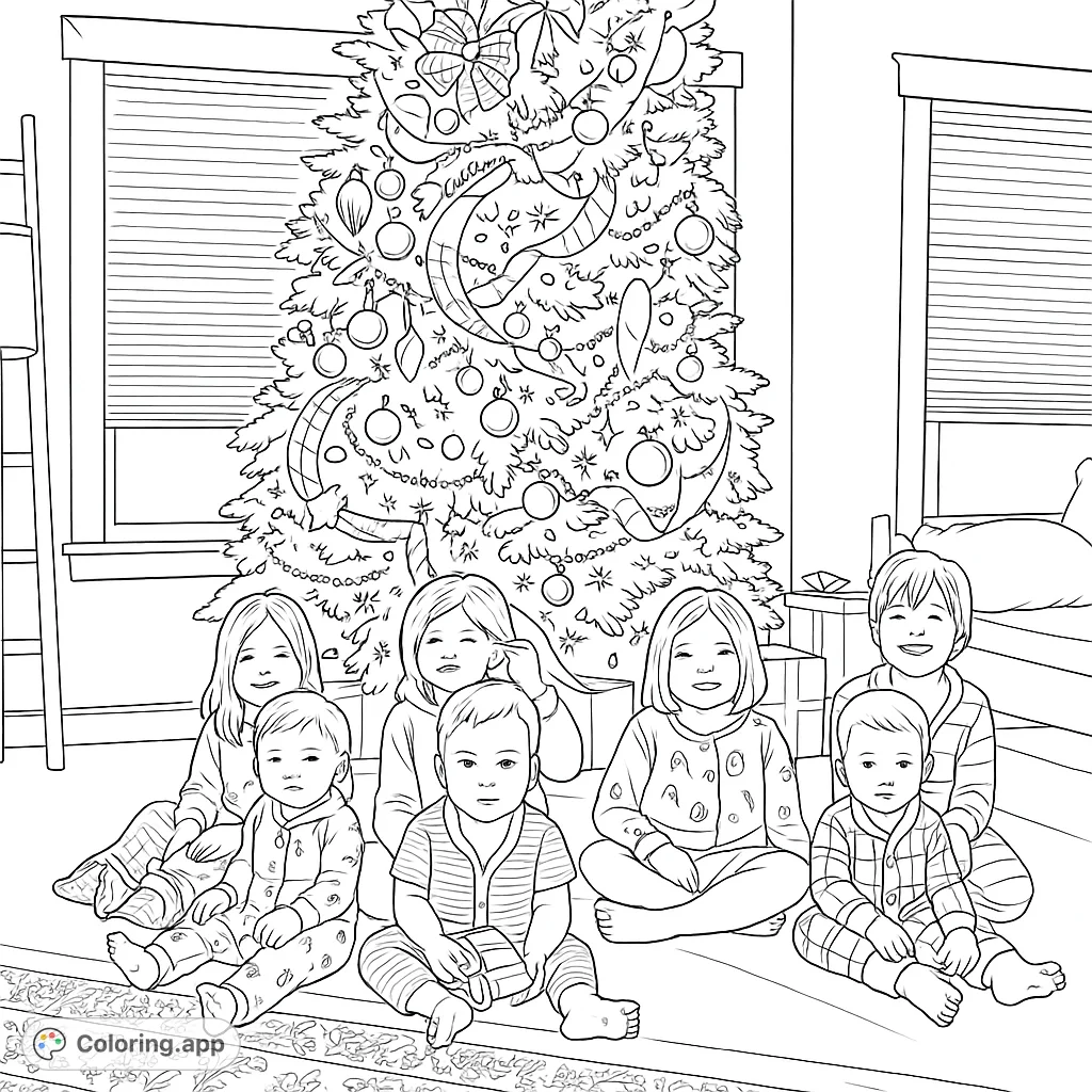 A heartwarming Christmas morning coloring page featuring six children in pajamas gathered around a beautifully decorated tree, perfect for festive fun.