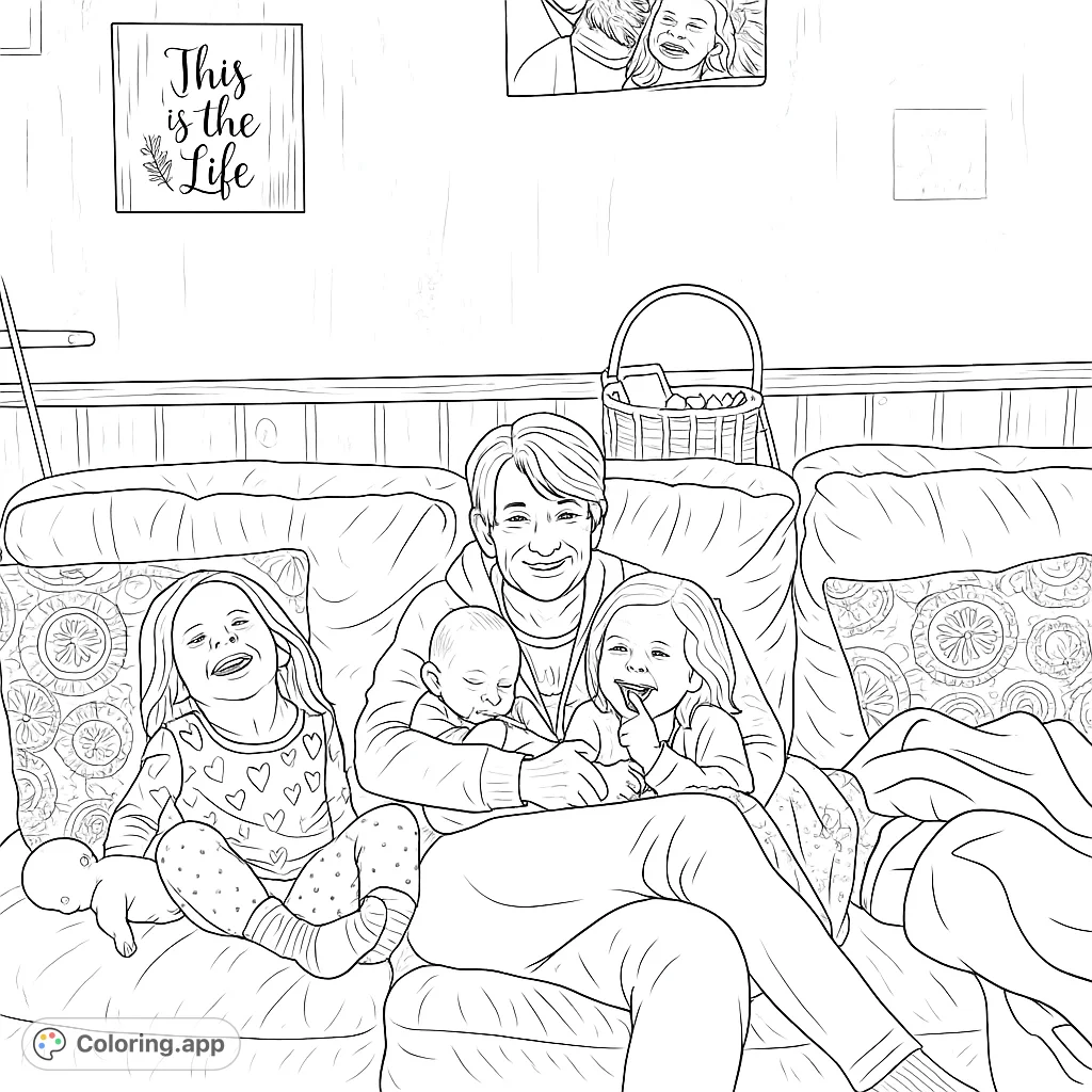 A heartwarming family coloring page featuring an adult with a baby and two children on a cozy couch, perfect for free printable coloring page fun.