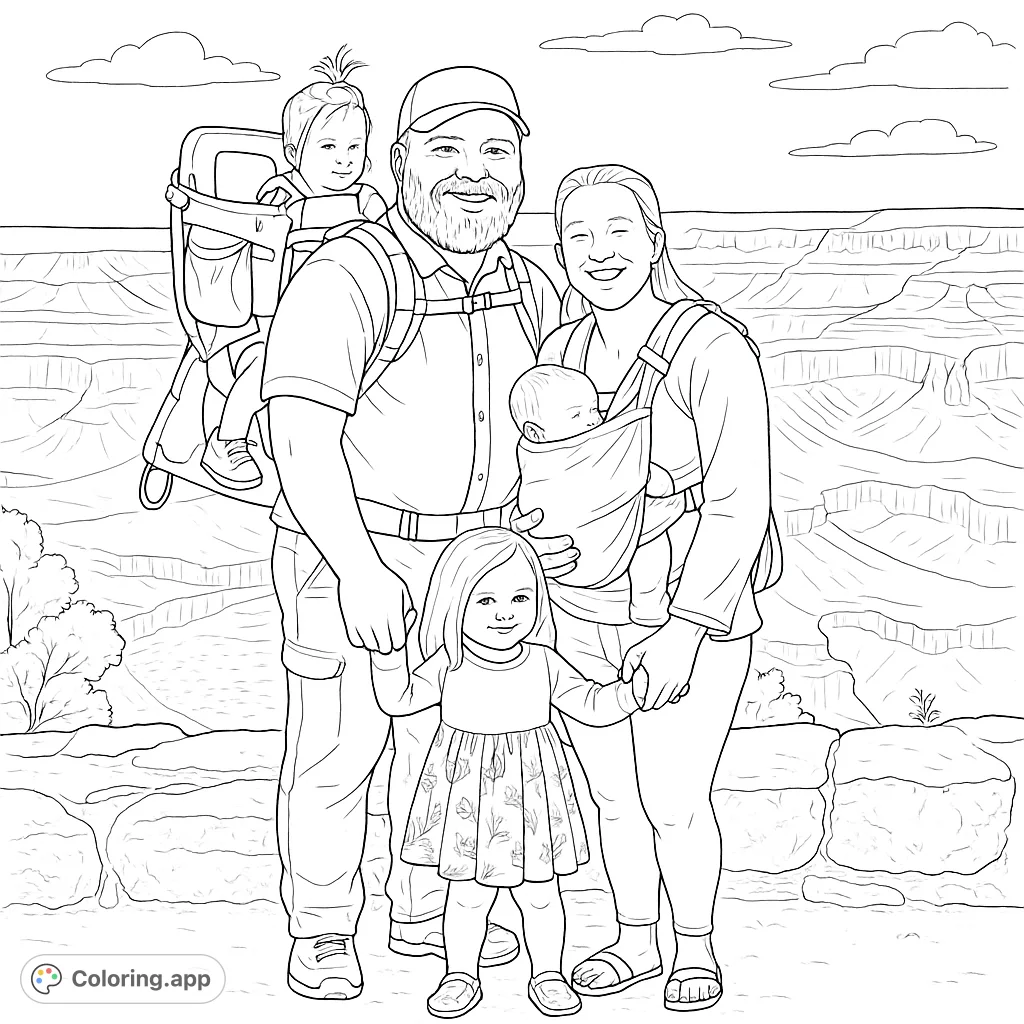 A heartwarming family adventure coloring page featuring parents and three children against a stunning Grand Canyon backdrop. Perfect for all ages.