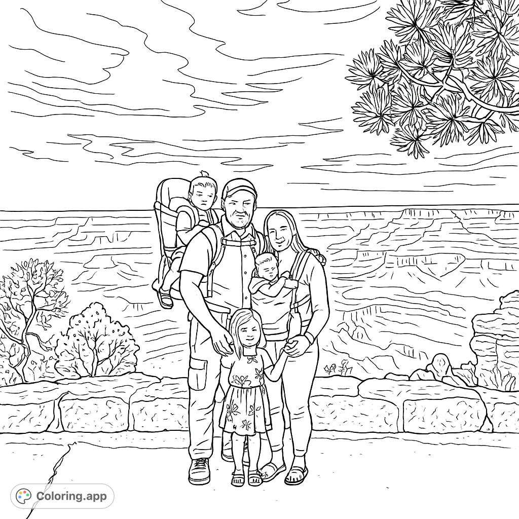 A family of four on a Grand Canyon adventure, featuring parents with babies in carriers and an older child, set against majestic canyon layers.