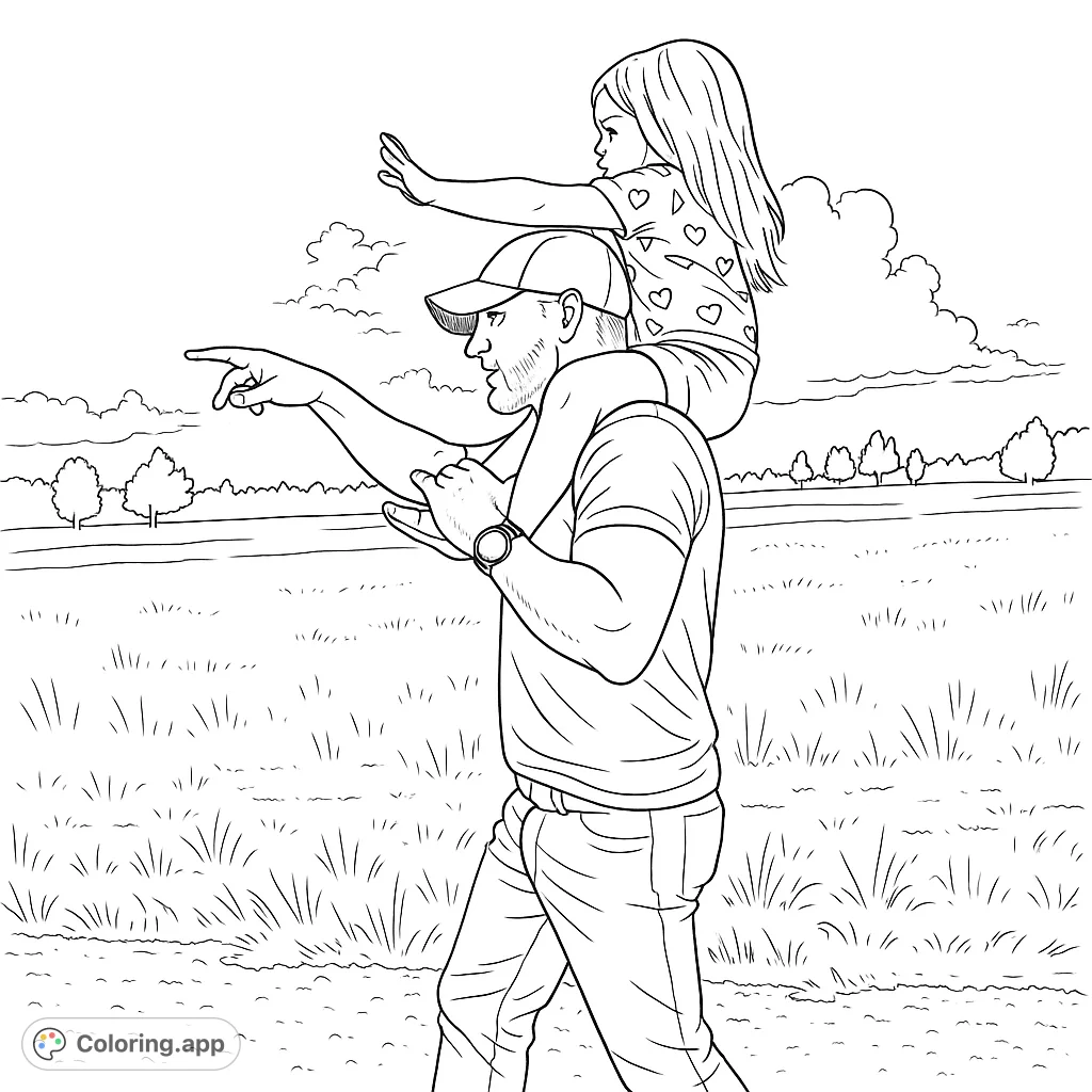 A heartwarming father-daughter outdoor adventure coloring page. A man carries a girl on his shoulders, pointing to the horizon in a scenic field.