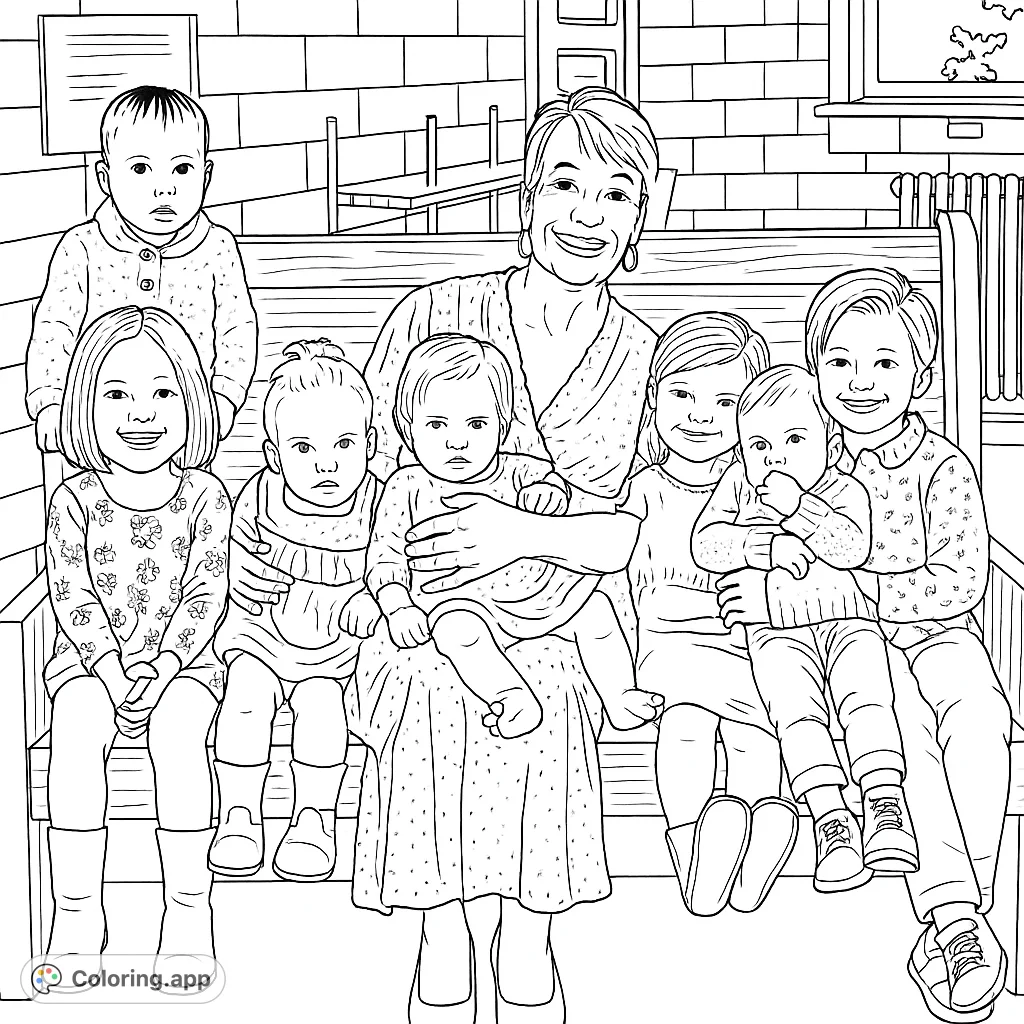 A heartwarming family portrait featuring a grandmother surrounded by her seven grandchildren on a bench, ready for vibrant coloring.