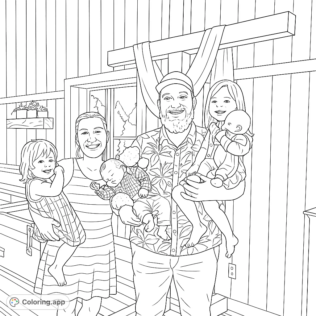 A heartwarming family portrait coloring page featuring parents holding their four smiling children, set against a cozy wooden backdrop. Perfect for all ages!