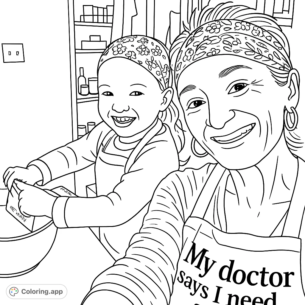 A heartwarming family baking coloring page featuring a smiling woman and child in a kitchen, perfect for a free printable coloring page and creative fun.
