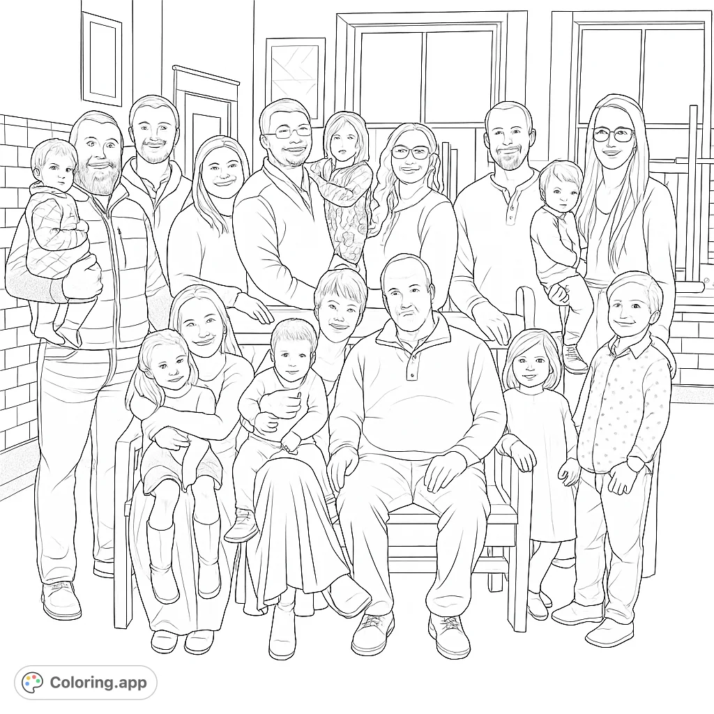 A heartwarming multi-generational family portrait, perfect for a free printable family coloring page. Features adults, children, and babies in a cozy indoor setting.