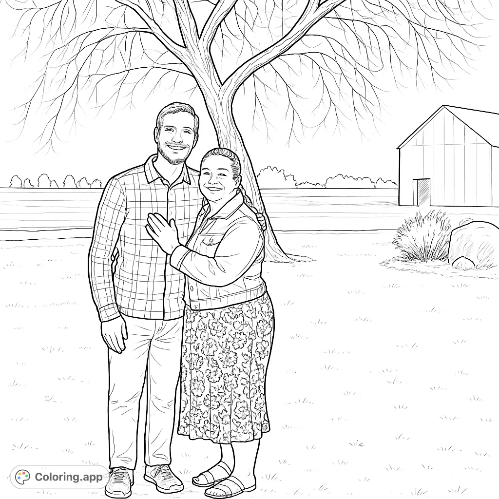 A heartwarming black and white line drawing of a smiling couple in a serene rural landscape with a large tree and barn, perfect for coloring.
