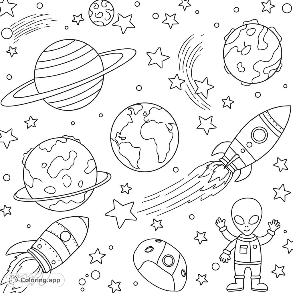 Explore the cosmos with this fun space coloring page! Featuring planets, rockets, stars, and a friendly alien, it's a free printable adventure for all ages.