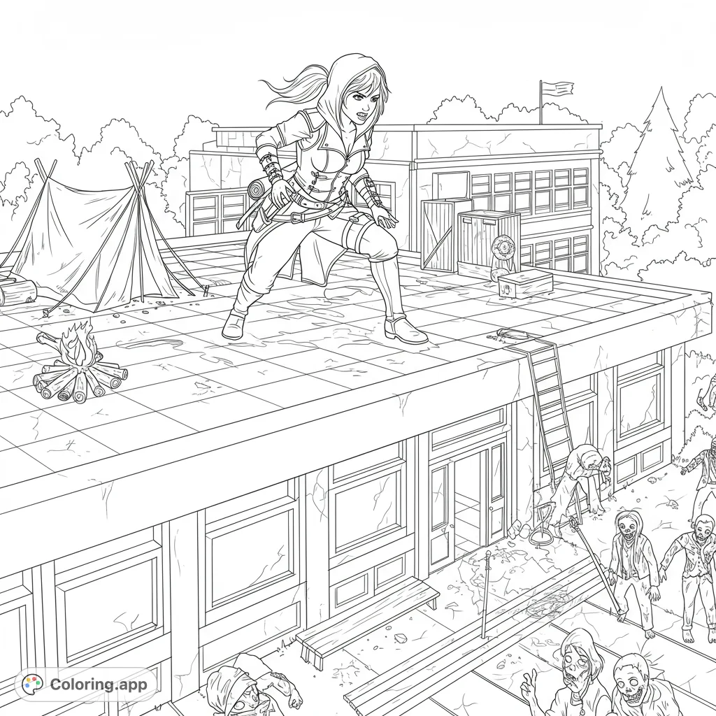 A determined survivor on a crumbling rooftop overlooks a horde of zombies below in this thrilling post-apocalyptic scene, perfect for a free printable coloring page.