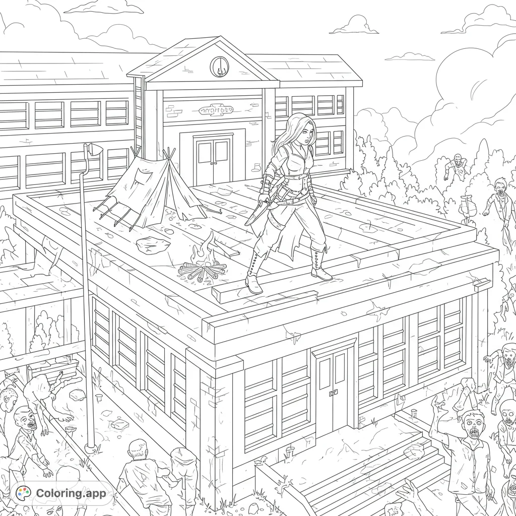 A fierce survivor stands on a school rooftop, surrounded by a zombie horde in a detailed post-apocalyptic scene. Free printable coloring page.