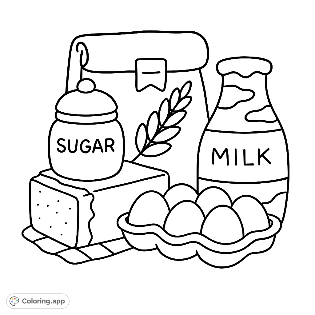 A delightful baking ingredients coloring page featuring milk, eggs, sugar, butter, and a flour bag. Perfect for kitchen fun and learning!