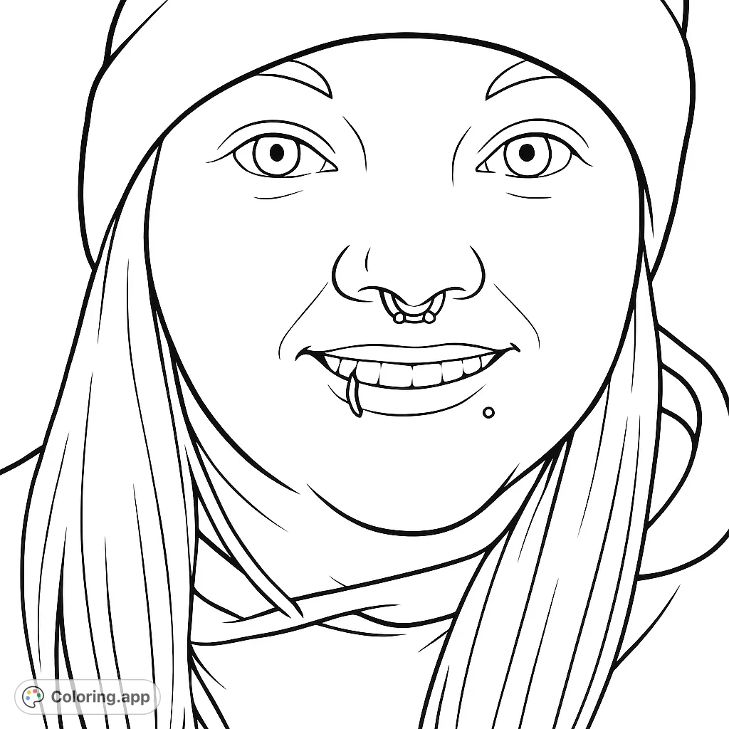 A detailed portrait coloring page featuring a smiling person with a beanie, long hair, and facial piercings. Perfect for creative expression.