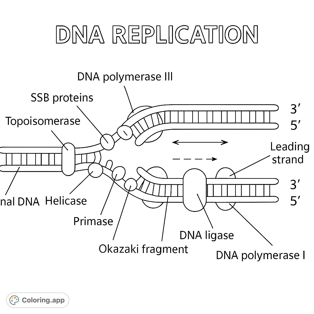 Explore the intricate process of DNA replication with this detailed molecular biology coloring page, perfect for science enthusiasts and educational fun.