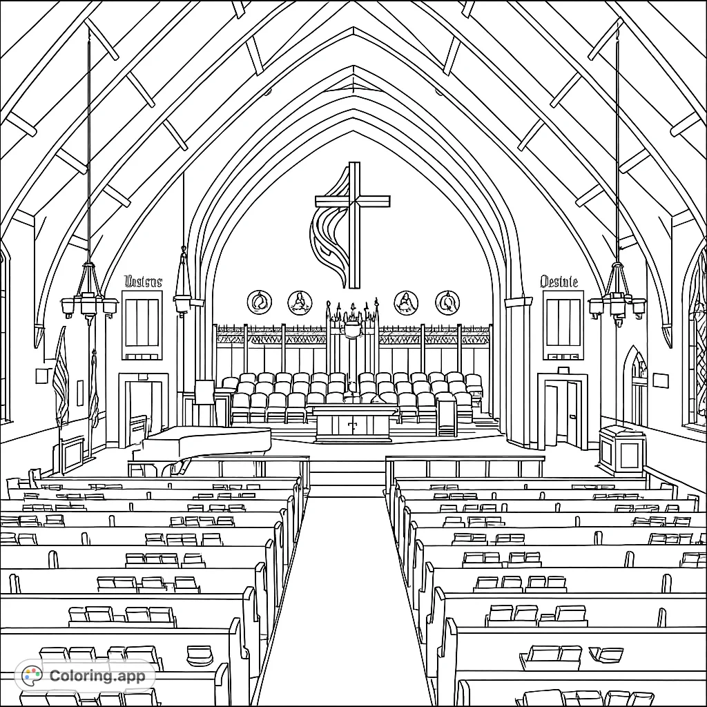 Detailed church interior coloring page featuring pews, altar, and cross. A beautiful scene for creative coloring and artistic expression.