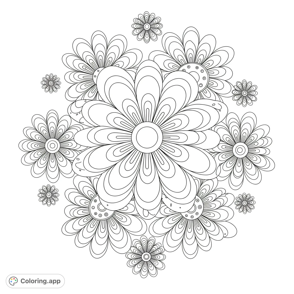 A beautiful floral mandala featuring a large central flower surrounded by intricate petals and smaller blooms, perfect for mindful coloring.
