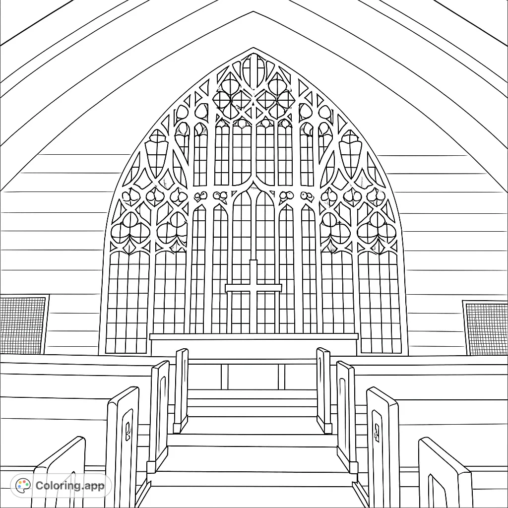 Explore a grand church interior featuring an intricate Gothic stained-glass window, a central cross, and pews. A detailed architectural coloring page.