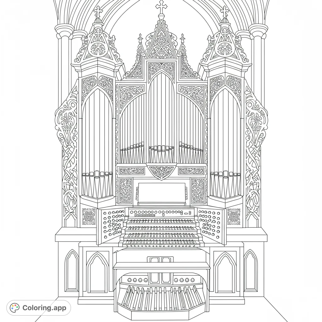 Intricate grand pipe organ with detailed pipes, multiple keyboards, and ornate gothic carvings. A challenging free printable coloring page for adults.