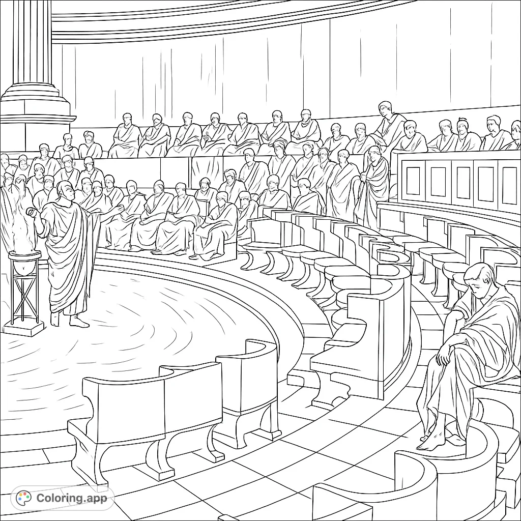 Step into ancient Rome with this detailed Roman Senate coloring page. Features an orator addressing toga-clad senators in a grand chamber.