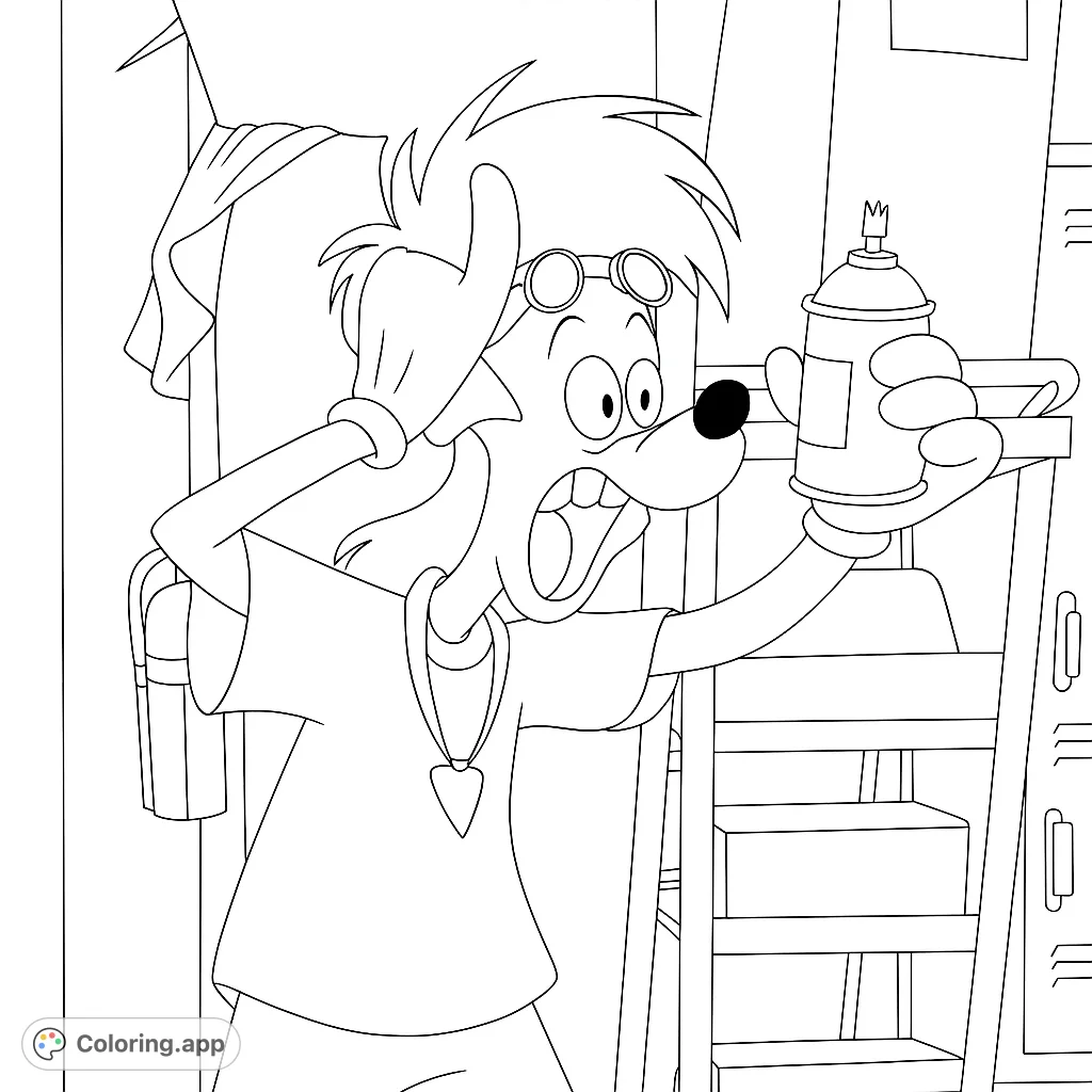 A cartoon character is hilariously shocked, holding a spray can with a fiery burst. A fun, free printable cartoon character coloring page for kids and adults!