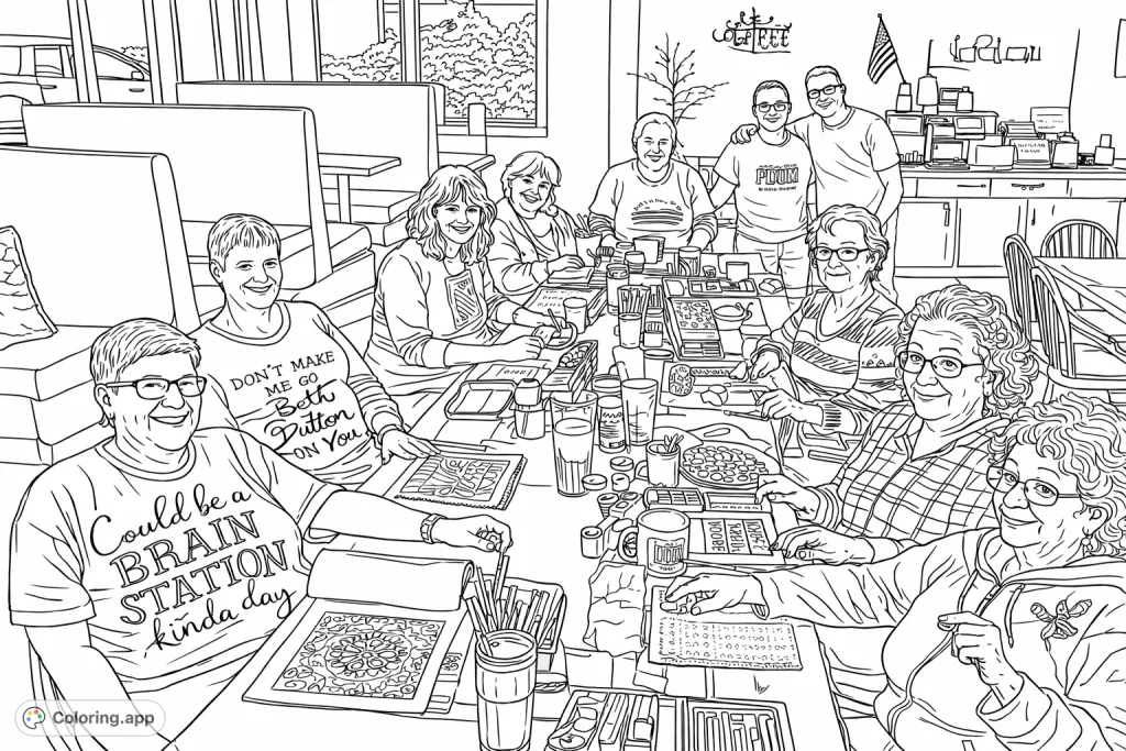 Capture a cheerful group of friends enjoying a relaxing coloring session at a cozy cafe. A perfect scene for mindful creativity and social connection.