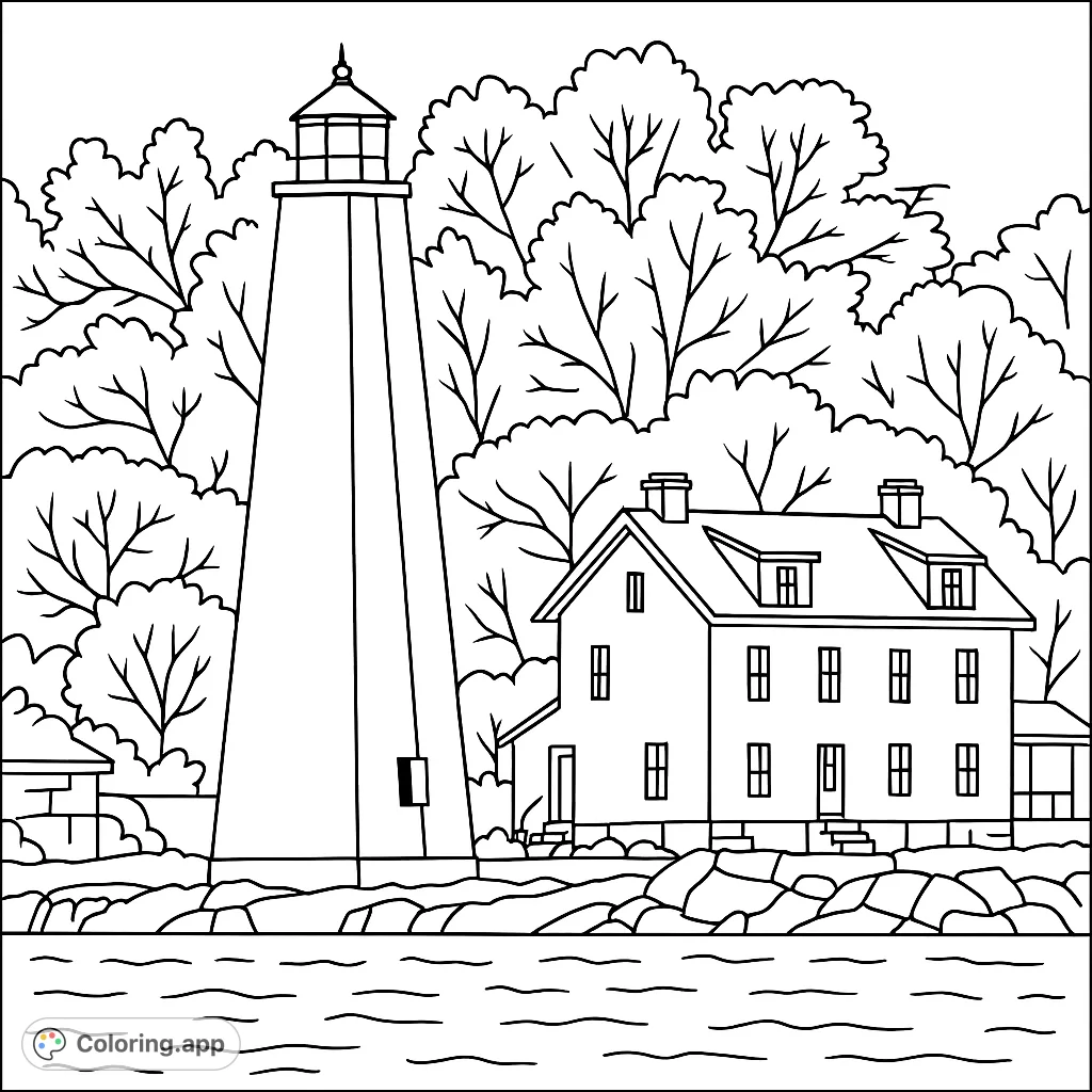 A serene coastal lighthouse and keeper's house scene, perfect for a relaxing coloring experience. Features intricate details of architecture and nature.