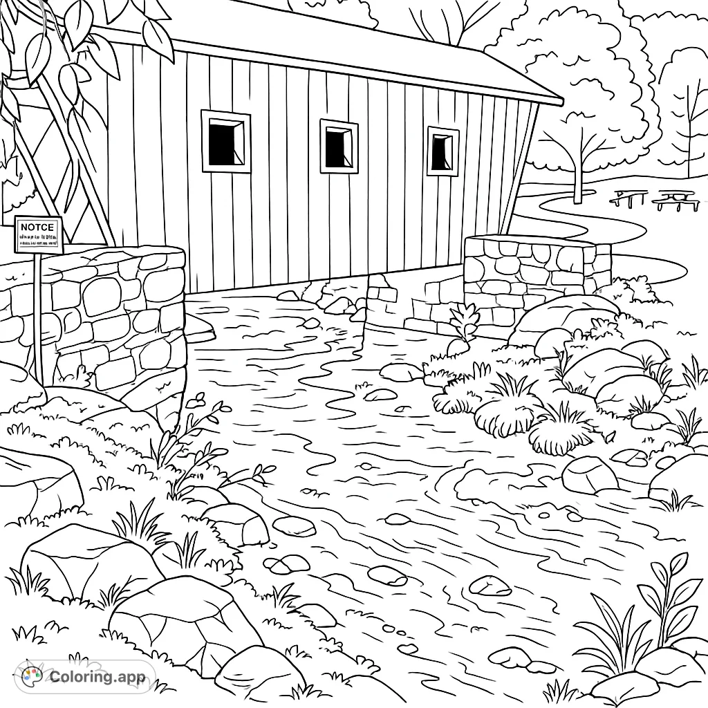 A charming covered bridge spans a flowing stream, surrounded by lush nature, rocks, and distant trees, perfect for a serene coloring escape.