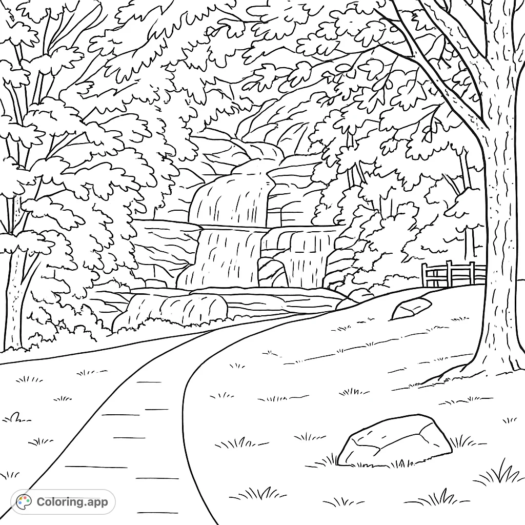 Discover a serene forest waterfall coloring page featuring a winding path, lush trees, and cascading water. A free printable nature scene for all ages.